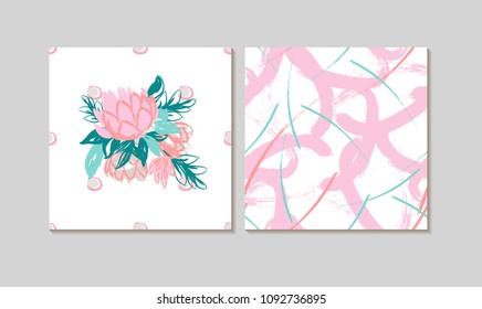 Cute  Gift Card Set with Florals and Messy Brush Stroke Seamless Print