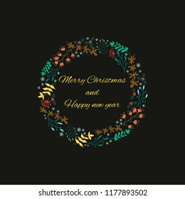 Cute gift  cards with  christmas wreath on black background. Hand drawn card. Design for poster, card, invitation, placard, brochure, flyer.