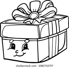 A cute gift with a face.For postcards and coloring books.Vector illustration drawn by hand.