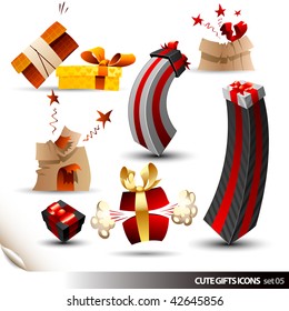 Cute Gift Icons, Vector Cartoon Presents, Comic Elements