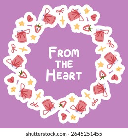 Cute Gift Jar Wreath Illustration. Cartoon wreath made of kawaii gift jars, strawberries, hearts, bows, and stars. Flat style with soft pink and red tones on purple background.







