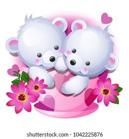 Cute gift or a sketch for a card with little fluffy bears in a porcelain cup with pink flowers isolated on white background. Vector cartoon close-up illustration.
