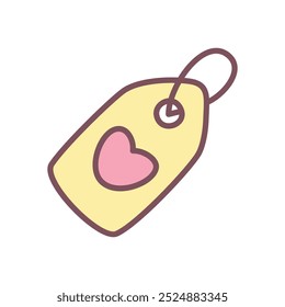 Cute gift tag icon. Hand drawn illustration of a label decorated with a heart isolated on a white background. Kawaii St. Valentine day sticker. Vector 10 EPS.