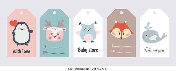 Cute gift tags with animals and handwritten letterings. Set of tag and label vector templates. Hand drawn funny characters for children's birthday gift, sales, kids clothes, baby shower