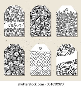 Cute gift tags. Set of hand drawn cute creative cards with hand drawn pattern.