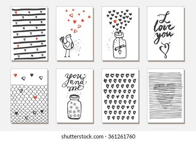 Cute gift tags. Set of hand drawn cute creative cards with hand drawn symbols of love. 