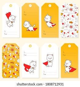 Cute gift tags. Set of gift tags with illustrations of funny super kittens. Vector 10 EPS.