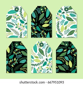 Cute gift tags set with rustic hand drawn spring green leaves patterns