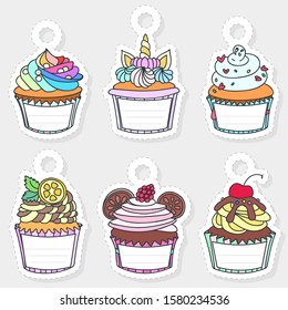 Cute gift tags. Set of gift tags in the shape of cupcakes decorated with cream, cherry, cookies and raspberry. Some blank space for your text included. Vector 8 EPS.