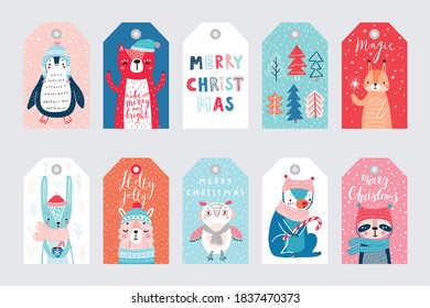 Cute gift tags with woodland animals  celebrating Christmas eve, having fun, and handwritten letterings. Funny characters. Vector illustration.