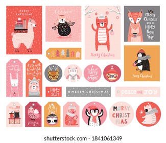 Cute gift tags with woodland animals  celebrating Christmas eve, having fun, and handwritten letterings. Funny characters. Vector illustration.