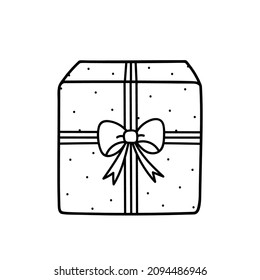 Cute gift tied with a festive ribbon with a bow isolated on white background. Vector hand-drawn illustration in doodle style. Perfect for holiday and Christmas designs, cards, decorations, logo.