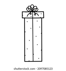 Cute gift tied with a festive ribbon with a bow isolated on white background. Vector hand-drawn illustration in doodle style. Perfect for holiday and Christmas designs, cards, decorations, logo.