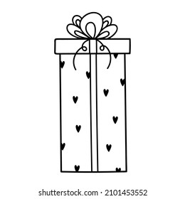 Cute gift tied with a festive ribbon with a bow isolated on white background. Vector hand-drawn illustration in doodle style. Perfect for holiday and Valentines day designs, cards, decorations, logo.