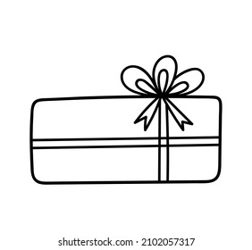 Cute gift tied with a festive ribbon with a bow isolated on white background. Vector hand-drawn illustration in doodle style. Perfect for holiday and Christmas designs, cards, decorations, logo.