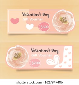 Cute Gift Voucher Coupon discount for Happy Valentine's Day celebration with soft pink background. Vector illustration.Flyers, invitation, poster, brochure, banner.