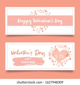 Cute Gift Voucher Coupon discount for Happy Valentine's Day celebration with soft pink background. Vector illustration.Flyers, invitation, poster, brochure, banner.