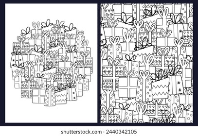 Cute gifts coloring pages set. Black and white summer templates with doodle presents. Outline festive background. Vector illustration