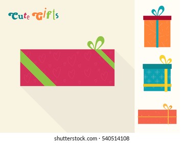 cute Gifts flat illustration. Bright box set
