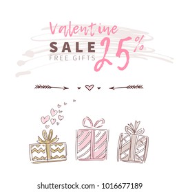 Cute gifts isolated for Valentine day love beautiful background.  Hand drawn vector design elements for fashion print, poster, sale banner, greeting card, invitation. 