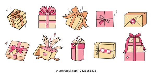 Cute gifts in pink color collection.  Present packages for holiday. Vector doodle set for Valentine's Day or girl baby shower.