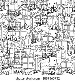 Cute gifts seamless pattern. Doodle presents coloring page. Black and white festive print for coloring book. Hand drawn outline background. Vector illustration