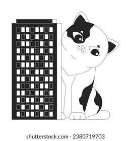 Cute gigantic cat peeking out from behind building black and white 2D line cartoon character. Giant kitten isolated vector outline animal. Curious pet skyscraper monochromatic flat spot illustration