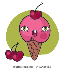 Cara de risita linda de helado de cereza personaje de cono con ojos de garabato. Impresión perfecta para la camiseta, etiqueta engomada, póster. Divertida Ilustración vectorial para la decoración y el diseño.