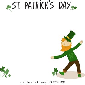 Cute ginger beard leprechaun character in green hat and shoes. Lettering with clover. Saint Patrick's day background for the site, shop, magazine promotions. Place for your text.