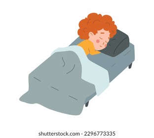 Cute ginger boy calmly sleeping in bed, flat vector illustration isolated on white background. Asleep child under blanket. Bedtime concept.