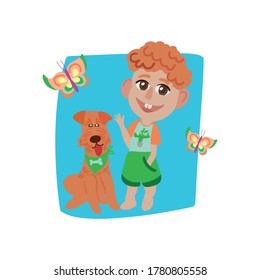 Cute ginger boy character with irish terrier, vector