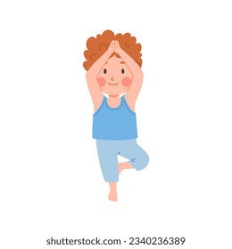 Cute ginger boy standing in yoga pose on one leg, hands on top. Happy little kid doing yoga exercise. Children healthy lifestyle. Vector illustration cartoon character isolated on white. Time for yoga