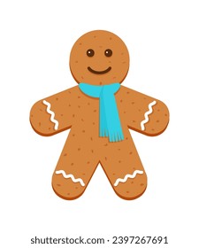 Cute ginger bread character in flat cartoon design. Gingerbread man with blue scarf. Classic Christmas cookies. Xmas biscuit isolated on white background. Vector illustration.