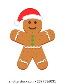 Cute ginger bread character with santa hat. Gingerbread man in flat cartoon design. Classic Christmas cookies. Xmas biscuit isolated on white background. Vector illustration.