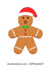 Cute ginger bread man in santa hat. Gingerbread character. Classic Xmas cookies. Christmas biscuit isolated on white background. Noel holiday sweet dessert. Vector illustration.