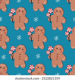 Cute ginger bread men seamless pattern. Xmas Gingerbread cookies. Noel holiday sweet dessert. Vector illustration.