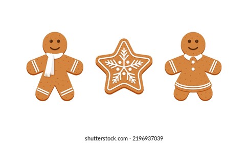 Cute ginger bread men, woman and snowflake. Christmas Gingerbread cookies. Classic Xmas biscuit. Vector illustration. Noel holiday sweet desserts isolated on white background.