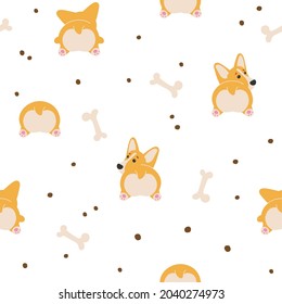 Cute ginger, brown dog, dots, bone, English sign, Welsh Corgi Pembroke, back view isolated on white background. Print for packaging, fabrics, wallpapers, textiles.
