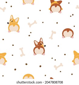 Cute Ingwer, brauner Hund, Punkte, Knochen, Englisches Schild, Walisischer Corgi Pembroke, Rückansicht einzeln auf weißem Hintergrund. Druck für Verpackungen, Stoffe, Tapeten, Textilien.