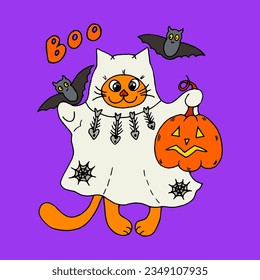 Cute ginger cartoon cat in a ghost costume with a pumpkin lantern and flying bats. Vector doodle Halloween illustration on violet background