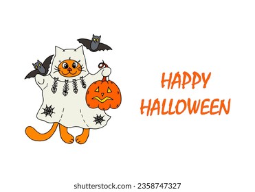 Cute ginger cartoon cat in a ghost costume with a pumpkin lantern and flying bats. Vector illustration greeting card or invitation for party Halloween 