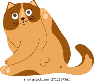 Cute ginger cartoon cat scratching its side, sitting in relaxed pose. Perfect for pet designs, humor and animal-themed projects.