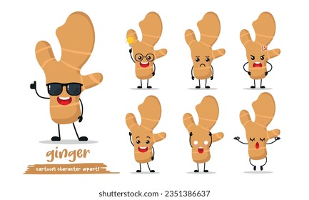 cute ginger cartoon with many expressions. herb different activity pose vector illustration flat design set with sunglasses.