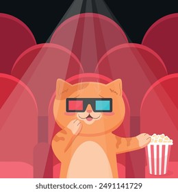 Cute ginger cat in 3d glasses sitting in movie theater and eating popcorn. Cat watching a movie in movie hall with red seats and spotlight. Cute cartoon character. Vector illustration