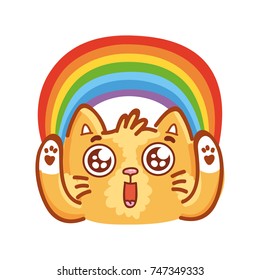 Cute ginger Cat: adorable, admire, wonder, amazed emotion with googly eyes with rainbow. Set of kitty, kitten characters in vector hand drawn style, cartoon illustrations. As mascot, sticker, emoji