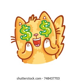 Cute ginger Cat: adorable, admire, wonder, amazed emotion with dollar eyes. Set of kitty, kitten character in vector hand drawn style, doodle cartoon illustration. As mascot, sticker, emoji, emoticon