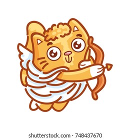 Cute ginger Cat as adorable smiling flying cupid with bow and arrow. Set of kitty, kitten character in vector hand drawn style, doodle cartoon illustration. As mascot, sticker, emoji, emoticon