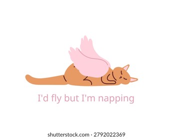 Cute ginger cat with angel wings peacefully dozing. Cozy humorous bedtime mood. Vector illustration for sleepyhead sticker, lazy lifestyle blog, funny print, cat lover greeting card, bedroom wall art
