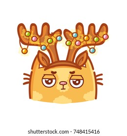 Cute ginger Cat annoyed that wearing deer horns. Funny, comical kitty, kitten character for Christmas celebration. In vector hand drawn style, doodle cartoon illustrations, mascot, sticker, poster 