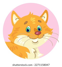 Cute ginger cat avatar icon. In the pink circle. In cartoon style. Isolated on white background. Vector flat illustration